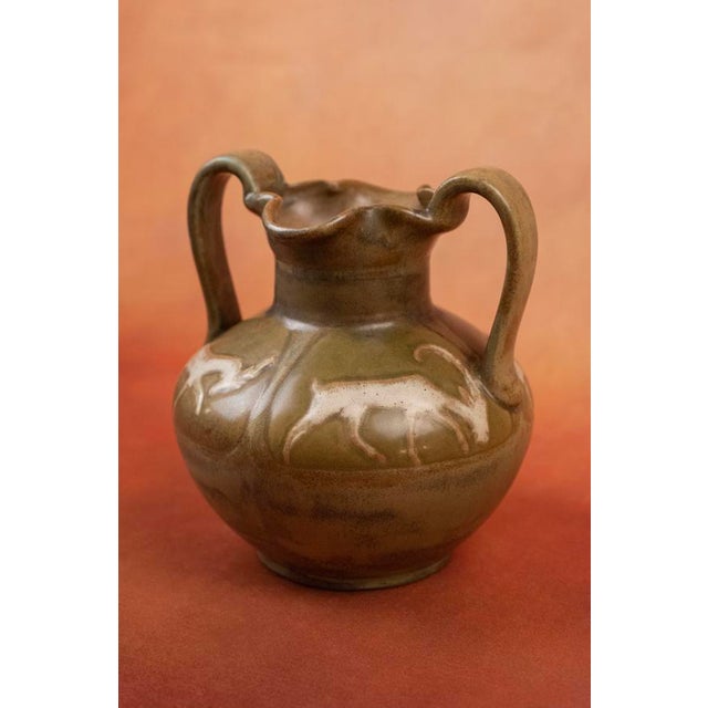 Art Nouveau Glazed Stoneware Vase with Handles and Stylized Deer in Reserve by Louis Lourioux, Foëcy, France 1910s For Sale - Image 4 of 12