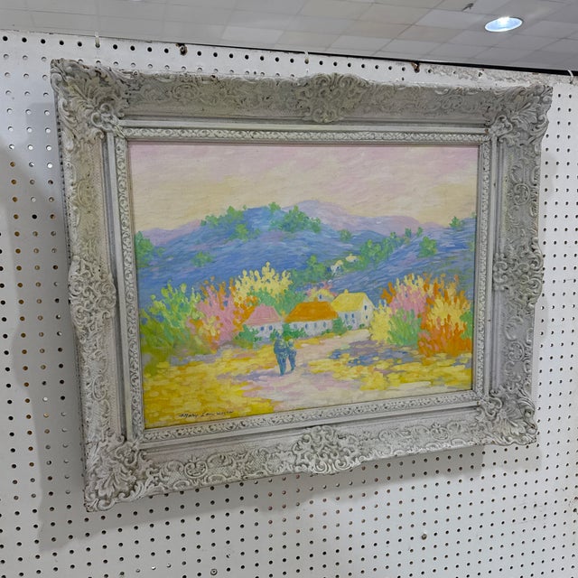 Abstract Vintage French Pastel Landscape Painting – Colorful Countryside Village – Ornate Frame For Sale - Image 3 of 11