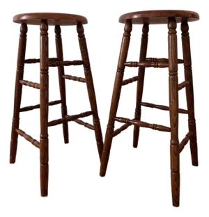 Mid Twentieth Century Solid Wood Oak Turned Leg Classic English Pub Style Bar Stools 30” Barstools, a Pair