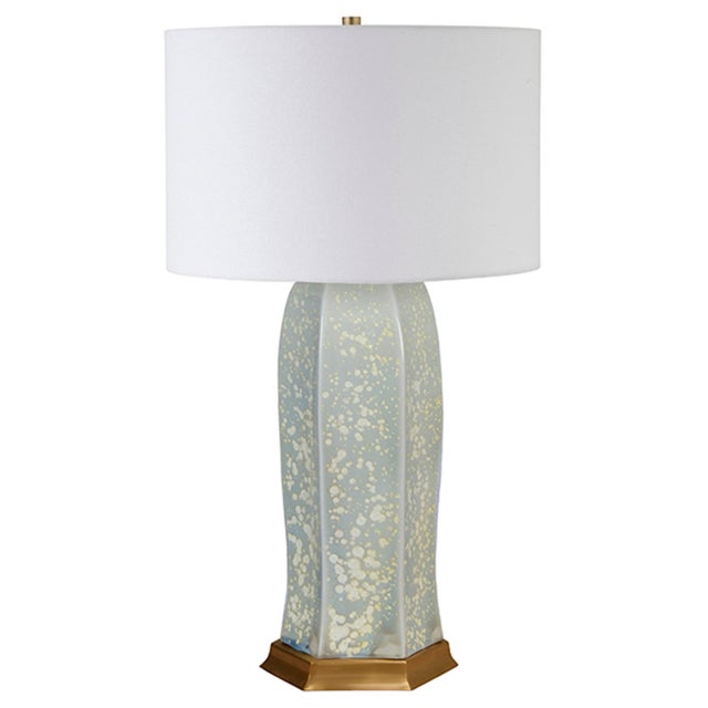 Not Yet Made - Made To Order Matthew Izzo Home Barron Ocean Blue Reactive Glaze Ceramic Table Lamp With White Linen Shade and Brass Base For Sale - Image 5 of 5