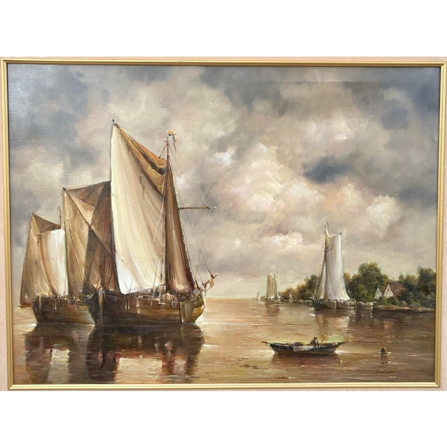 A nautical scene by artist Jean Laurent. Painting shows ships and a small boat near the shore of an island.