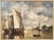 A nautical scene by artist Jean Laurent. Painting shows ships and a small boat near the shore of an island.