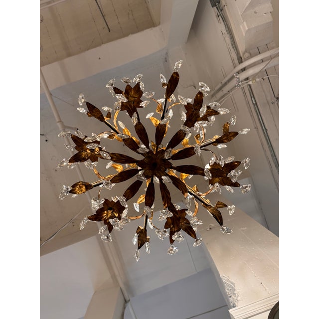 Metal Vintage Italian Gilt Tole Crystal Chandelier For Sale - Image 7 of 12