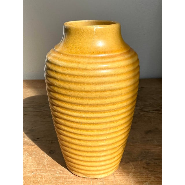 Mid-Century Modern Vintage Boho Glazed Ceramic Ribbed Vase For Sale - Image 3 of 10