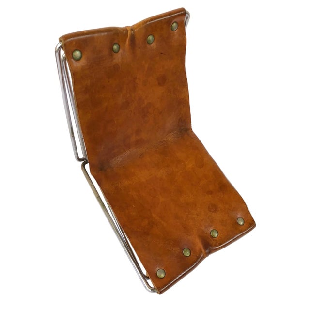 1950s Little Industrial Brown Leather & Metal Folding Portable Stool For Sale - Image 5 of 9