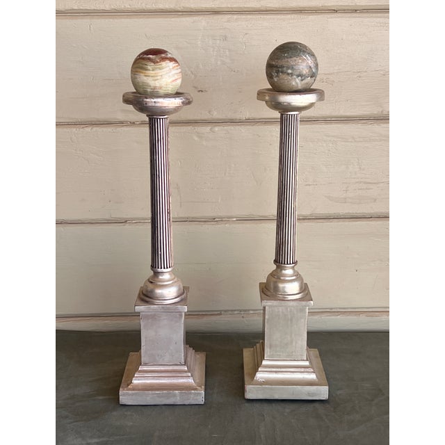 Grand Tour Neoclassical Carved Water Giltwood Columns With Marble Spheres - A Pair For Sale - Image 9 of 9