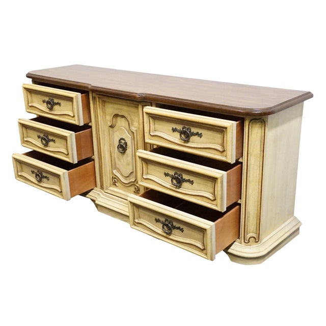 Cream Stanley Furniture Solid Pecan Antiqued Yellow Cream Painted Mediterranean 73" Triple Door Dresser 4723-05 For Sale - Image 8 of 15