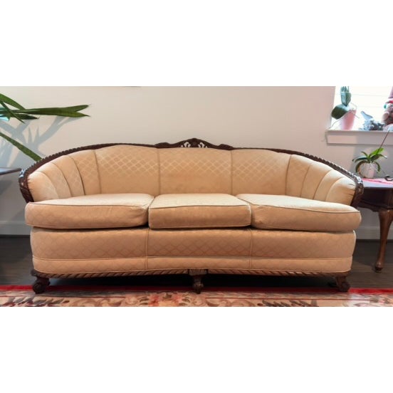 Vintage Art Deco Barrel-Back Sofa & Matching Chair Set – Professionally Restored For Sale - Image 4 of 18