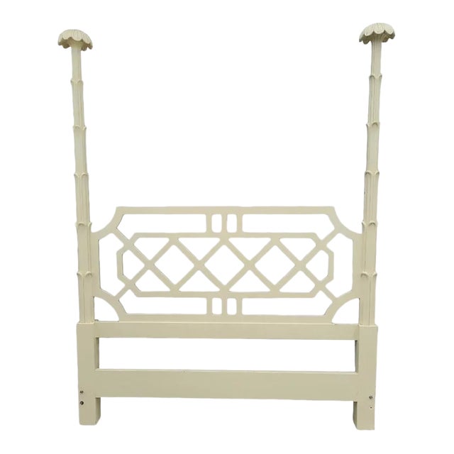 Vintage Palm Beach Regency Cream Lacquered Serge Roche Style Fretwork Palm Tree Pole Full Size Headboard For Sale