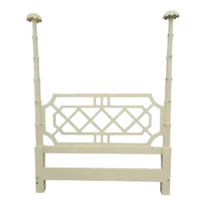 Vintage Palm Beach Regency Cream Lacquered Serge Roche Style Fretwork Palm Tree Pole Full Size Headboard