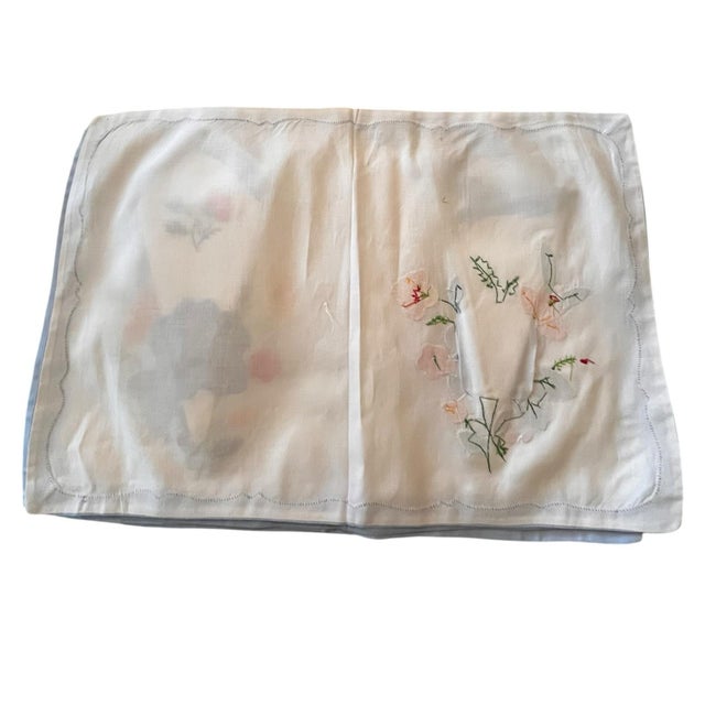 Vintage Set of 4 Placemats & Matching Napkins Early to Mid 20th Century Blue Farmhouse Embroidered Tatting Shabby Chic Traditional English Cottage For Sale - Image 10 of 14