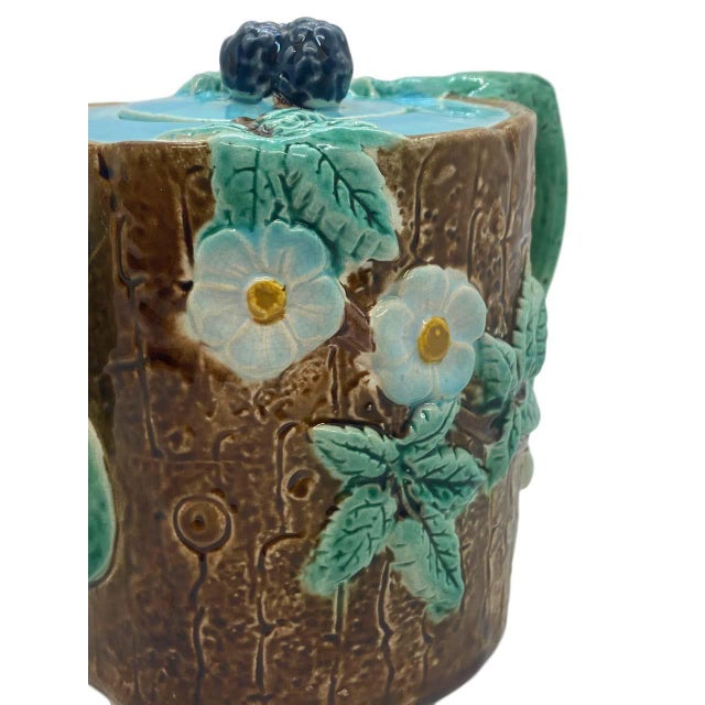 Brown Holdcroft Majolica Blackberry on Tree Trunk Teapot, Turquoise Blue Cover C. 1877 For Sale - Image 8 of 13