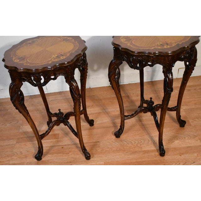 1930s French Walnut & Satinwood Inlay Pair of Side Tables / End Tables For Sale - Image 10 of 13
