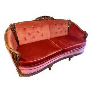 Early 20th Century Victorian Antique Camel Back Hand Carved Couch Sofa Dark Pink Velvet For Sale