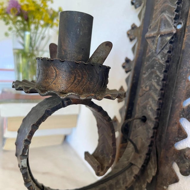 Portuguese Gothic Style Wall Sconce in Wrought Iron with Amber Glass Lampshade, 1960s For Sale - Image 4 of 9