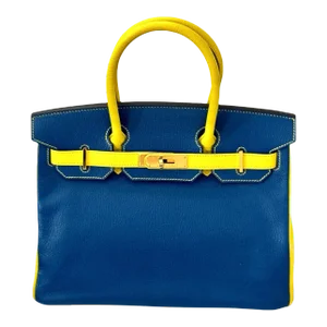 Hermes 30cm Birkin Hss Electric Blue Yellow Soufre and Etoupe Bicolor Mysore Leather