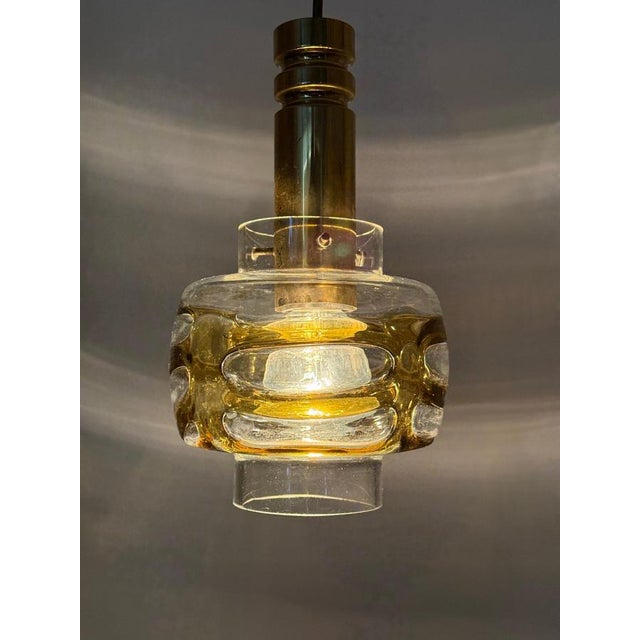 Mid-Century Murano Glass Pendant Lamp with Golden Yellow Waves and Brass, 1970s For Sale - Image 4 of 18