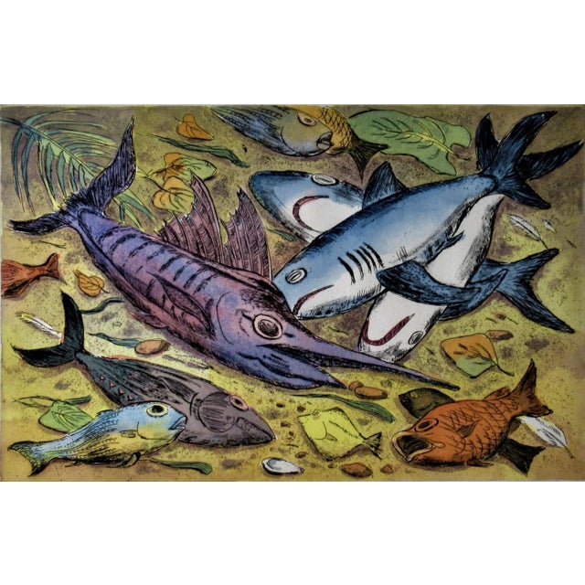 This artwork titled "Puerto Escondido" 1992 is an original color aquatint by noted California artist Arnold A. Grossman,...