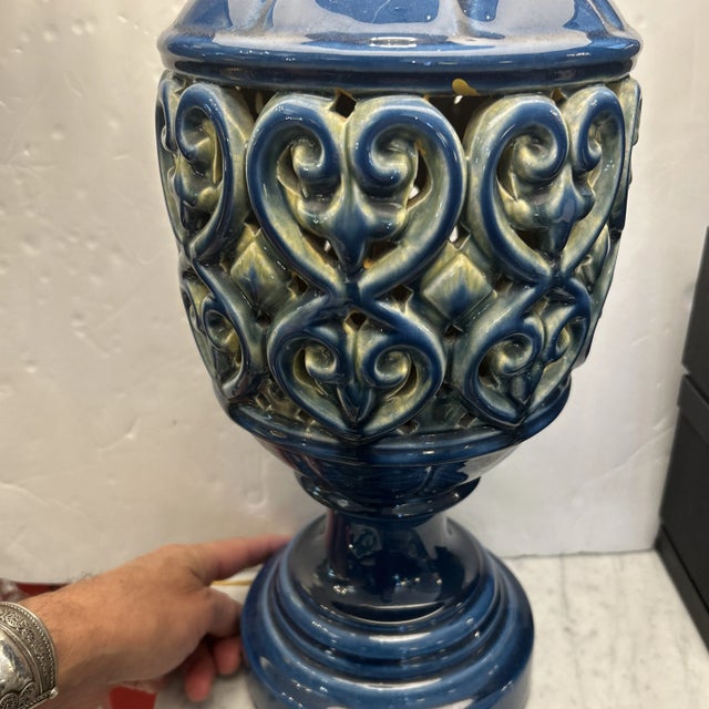 Blue Ceramic Openwork Tabletop Lamp With Top and Bottom Light Sources For Sale In Miami - Image 6 of 11