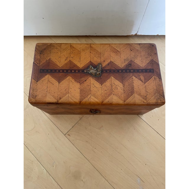 Handmade Antique Wooden Box With Geometric Herringbone Chevron Parquetry Inlay For Sale - Image 10 of 12