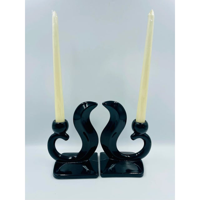 Art Deco Pair of Early 20th Century Art Deco "Flame" Black Glass Candle Holders For Sale - Image 3 of 12