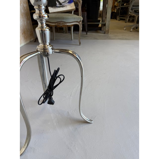 1950s Pair of French Mid-Century Modern Polished Nickel Tripod Floor Lamps For Sale - Image 13 of 14