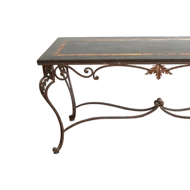 Metal Italian Wrought Iron Framed Laminated Marble-Design Wood Console / Entry Table For Sale - Image 7 of 9