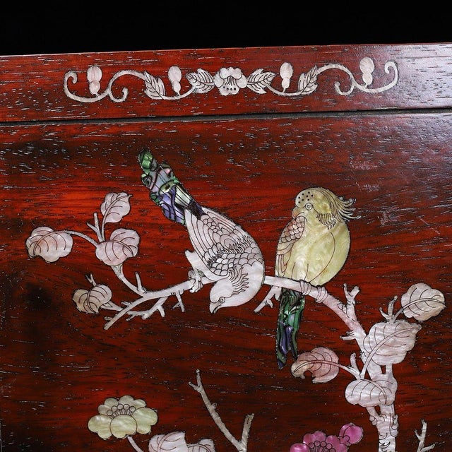Brown Late 20th Century Wooden Swivel Top Box With Mother-of-Pearl Bird and Floral Inlay For Sale - Image 8 of 10