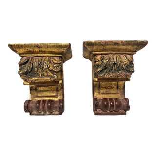 Pair of 19th Century, Baroque Style Carved Giltwood and Polychrome Wall Brackets For Sale