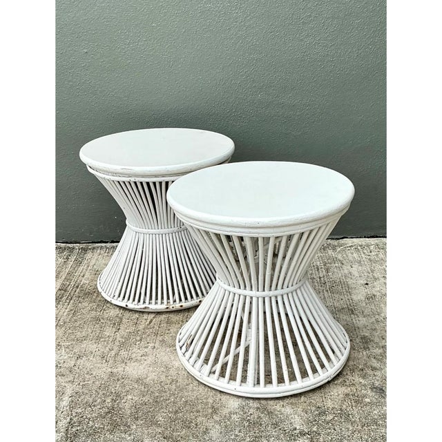 Vintage White Stick Rattan Hourglass Tables - A Pair For Sale - Image 10 of 12