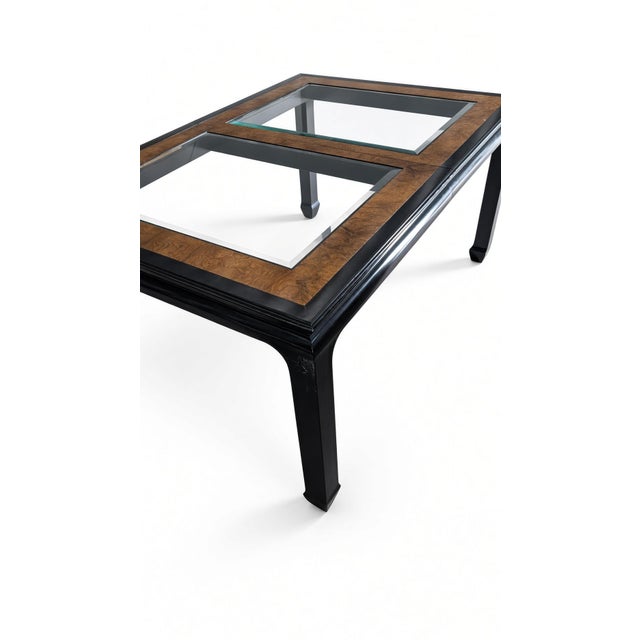 1970s Attributed to Chin Hua by Raymond Sobota for Century — Black Lacquer & Burl Glass-Top Extension Table, Model 540-333 For Sale - Image 10 of 11