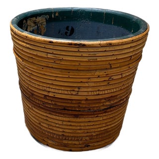 Vintage Pencil Reed Planter or Waste Basket Rattan Cache Pot For Sale