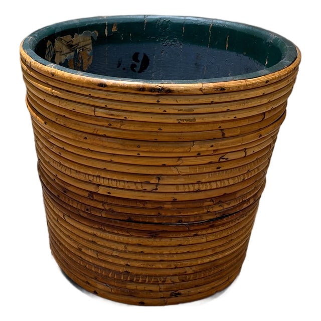 Vintage Pencil Reed Planter or Waste Basket Rattan Cache Pot For Sale
