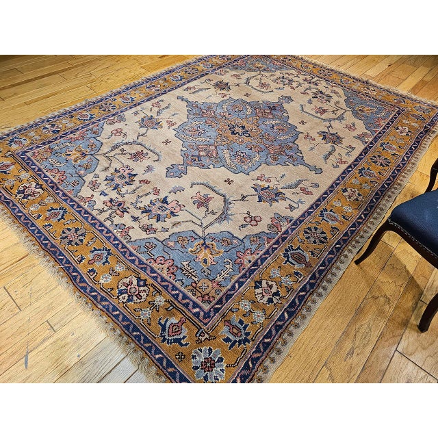 Vintage Turkish Oushak Rug, Handwoven Geometric Pattern, Ivory & Blue, 8' x 11' For Sale - Image 10 of 18