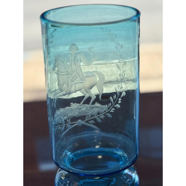 Glass Antique Victorian Blue Etched Glass Vase- American Bicentennial- Rare Find For Sale - Image 7 of 10