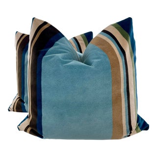 Jim Thompson "Jamboree Velvet" in Mood Indigo 22" Pillows-A Pair For Sale