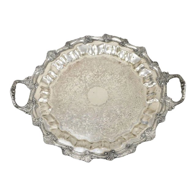 Vintage Victorian Style Silver Plated Scalloped Edge Round Serving Platter Tray For Sale