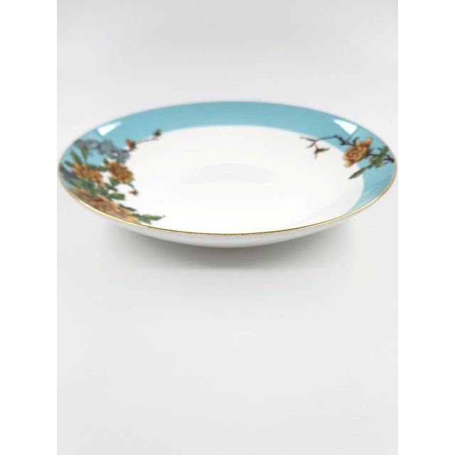 Contemporary Exquisite Three-Piece Bone China Serving Set With Covered Dome Turquoise Border & Peony Motif For Sale - Image 3 of 13