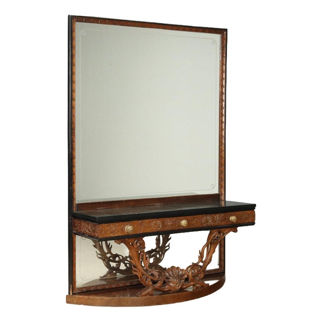 Console with Mirror in Walnut and Green Serpentine Marble For Sale