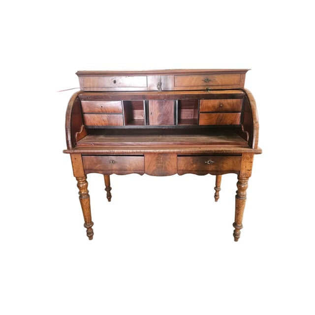 -Rare 19th century walnut writing desk -Curved roll-top that slides open to desk area with small compartments and drawers