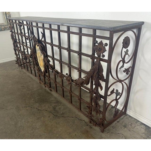 Monumental Hand-Wrought Iron Console With Stone Medallion and Classical Garlands For Sale - Image 4 of 17