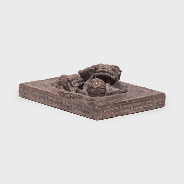 1900s Stone Shoemaker's Weight With Mother, Cub, and Embroidered Ball For Sale - Image 4 of 6