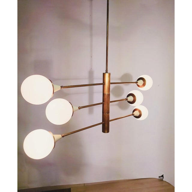 Mid-Century Brass Chandelier with 6 Opaline Spheres, Italy, 1960s For Sale - Image 12 of 14