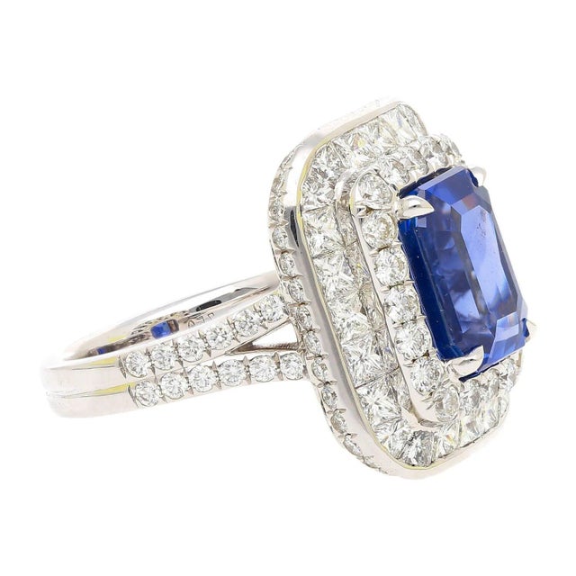 Gia Certified 6 Carat Emerald Cut No Heat Burma Blue Sapphire & Diamond Ring For Sale In Miami - Image 6 of 11
