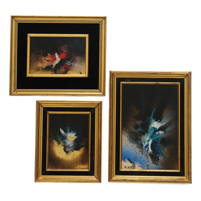 André Laurent, Abstract Triptych Paintings, 1960s, Mixed Media Acrylic on Gold Leaf For Sale