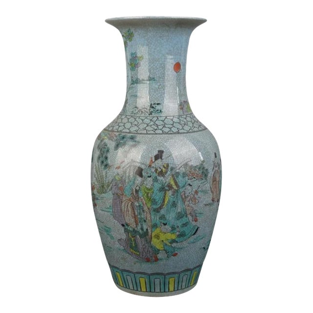 Chinese Vintage Porcelain Vase Qing Dynasty Qianlong Marked Crackle Glaze Famille Verte Porcelain Vase Hand Painted Figures Pattern For Sale