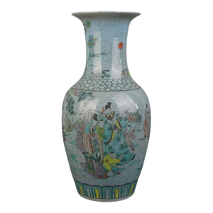 Chinese Vintage Porcelain Vase Qing Dynasty Qianlong Marked Crackle Glaze Famille Verte Porcelain Vase Hand Painted Figures Pattern
