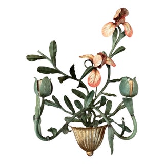 Vintage Italian Tole Double Arm Iris Flower / Floral Candle Sconce For Sale
