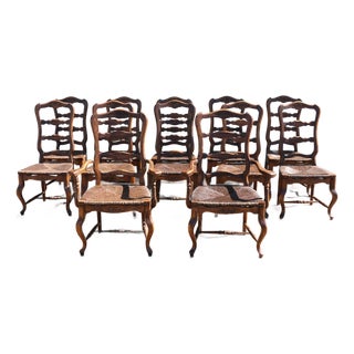 Vintage 1950s Italian Provincial Carved Wood Dining Chairs With Rush Seats – Set of 12 For Sale