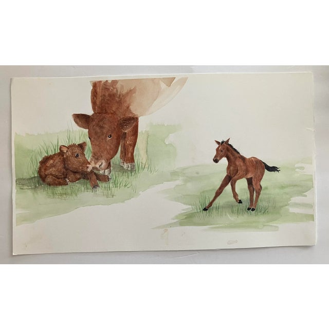 Cow, Calf, and Colt - Watercolor Book Illustration, 19x11 Description ...